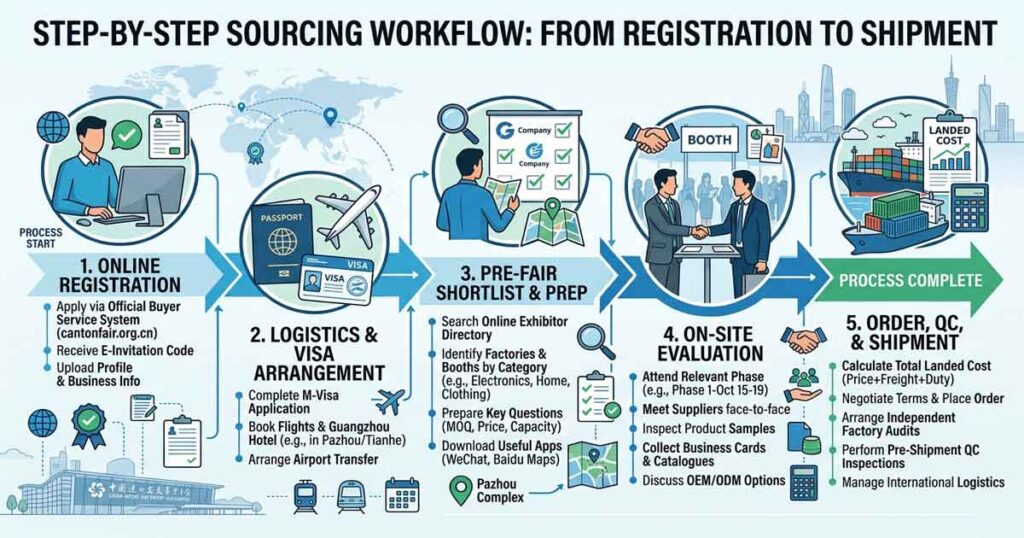 Infographic showing the step-by-step sourcing workflow for buyers attending the Canton Fair, from online registration to shipment